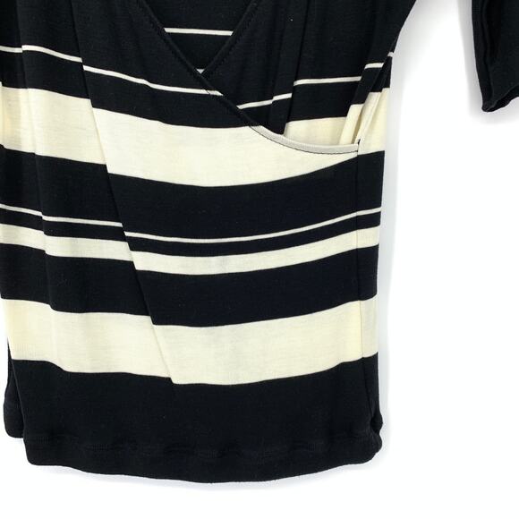 Zara Woman Faux Wrap Front Sweater Womens Sz M Short Sleeve Black White Stripe - Picture 4 of 5